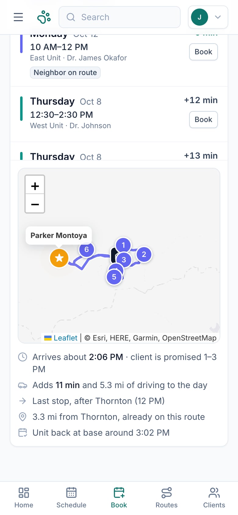 Map showing where a new visit fits on an existing route