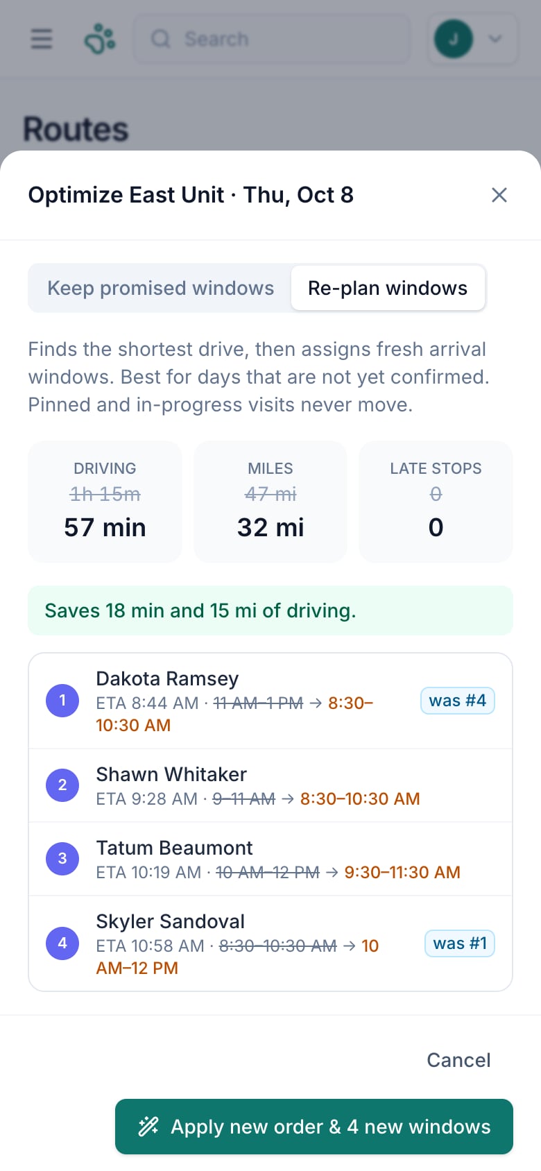 Route optimizer showing minutes and miles saved