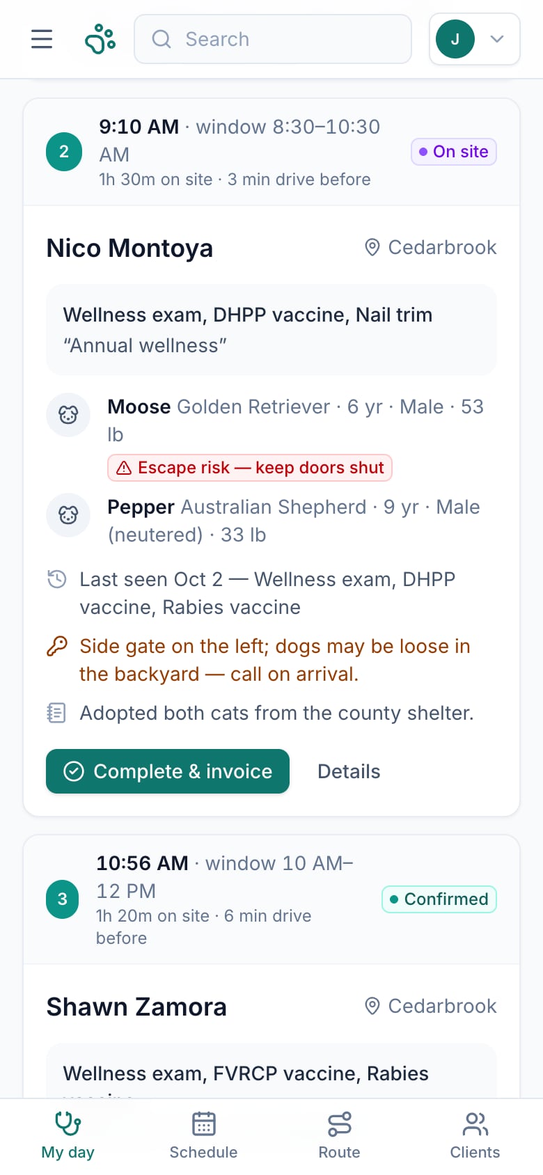 Doctor day sheet with pets, handling alerts and visit details