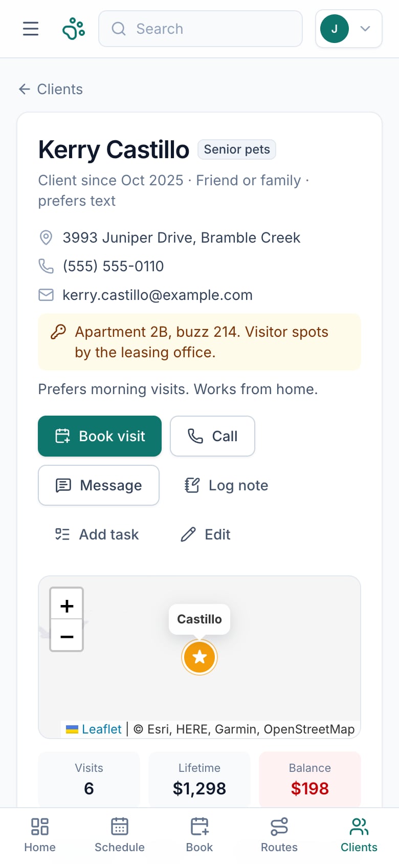 Client profile with contact details, access notes and actions